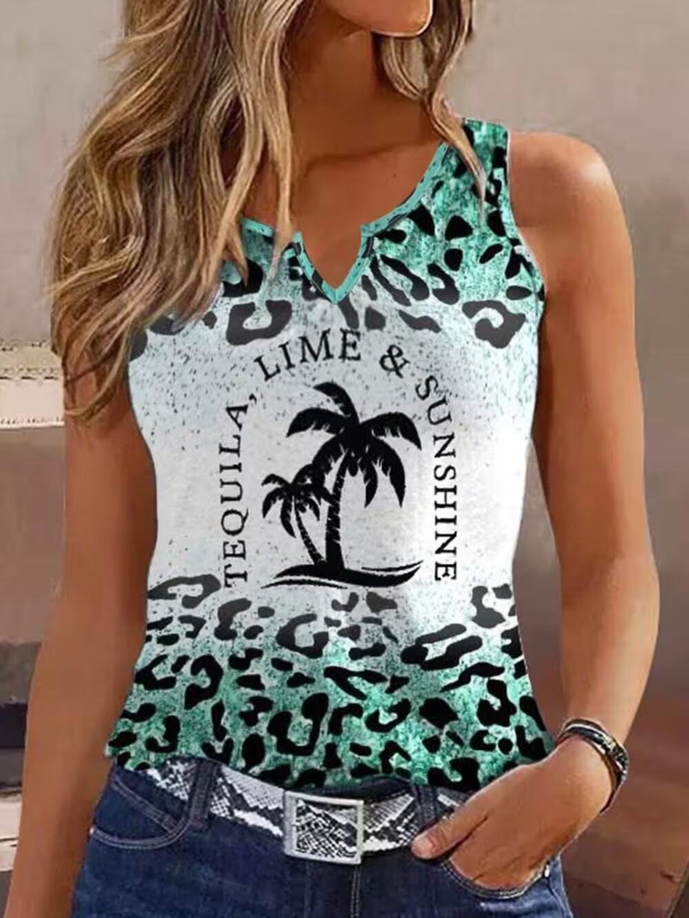 Women's Tropical Tank Top Large Summer V Neck Casual White New Vacation Palms